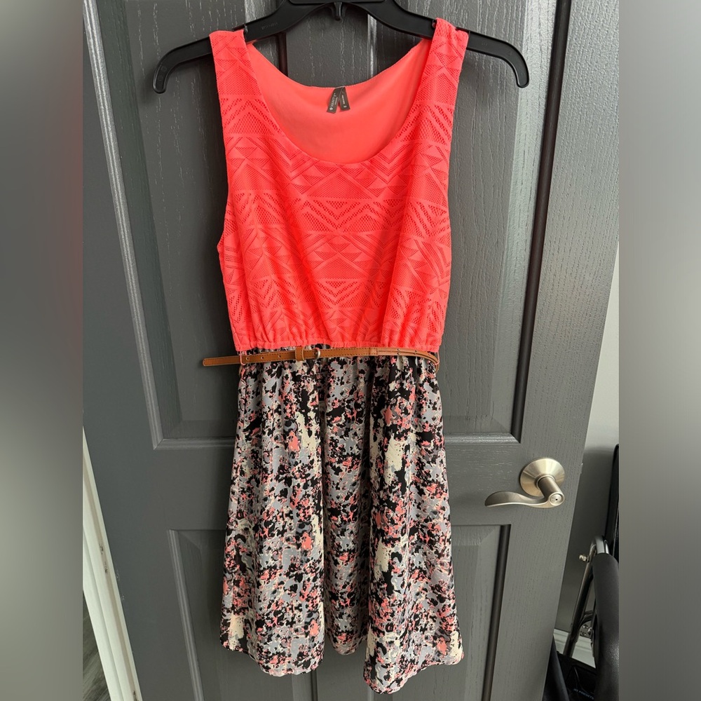Vanity Bright pink and black colorful, belted dress size medium stretchy light